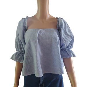 NEW Zara Trafaluc Sz S Blue Striped Off the Shoulder 3/4 Sleeve Blouse